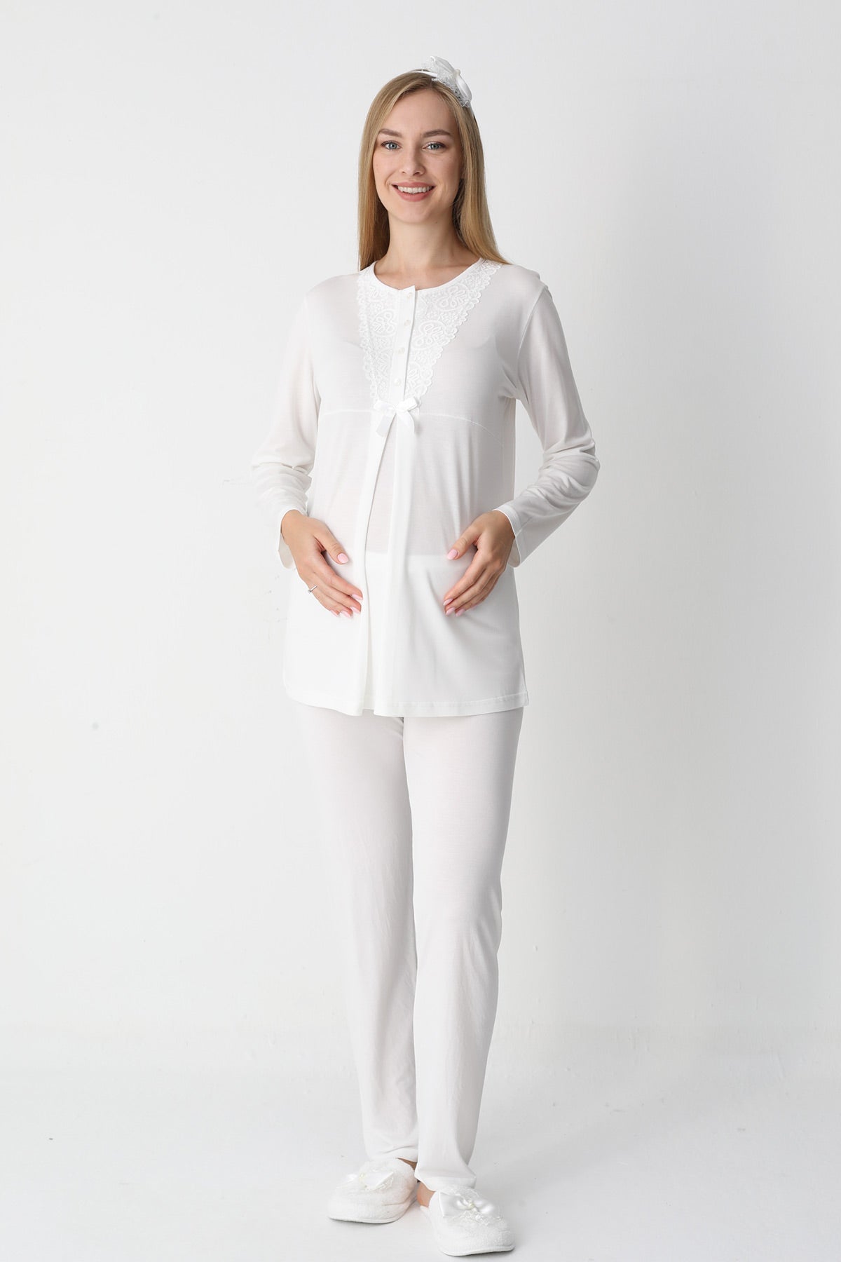 Lace Collar 3-Piece Maternity-Nursing Pajama & Flywheel Arm Robe Set Ecru - 3448