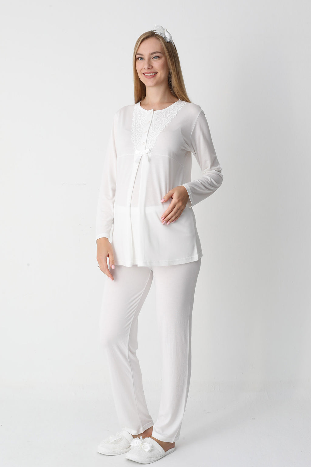 Lace Collar 3-Piece Maternity-Nursing Pajama & Flywheel Arm Robe Set Ecru - 3448