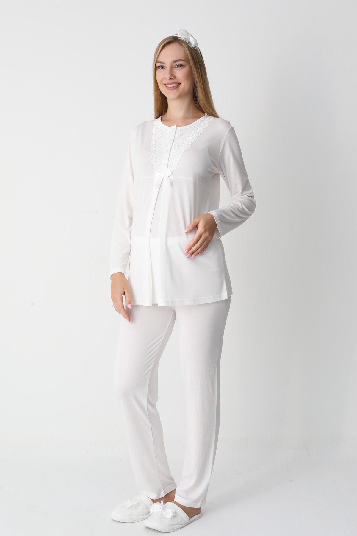 Lace Collar 3-Piece Maternity-Nursing Pajama & Flywheel Arm Robe Set Ecru - 3448