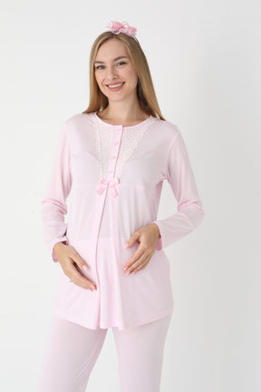 Lace Collar 3-Piece Maternity-Nursing Pajama & Flywheel Arm Robe Set Pink - 3448