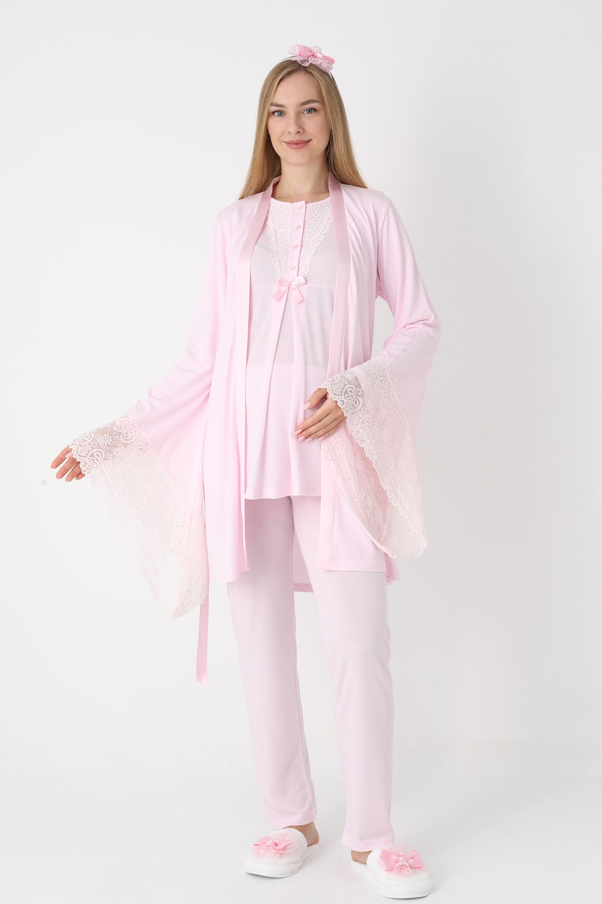 Lace Collar 3-Piece Maternity-Nursing Pajama & Flywheel Arm Robe Set Pink - 3448