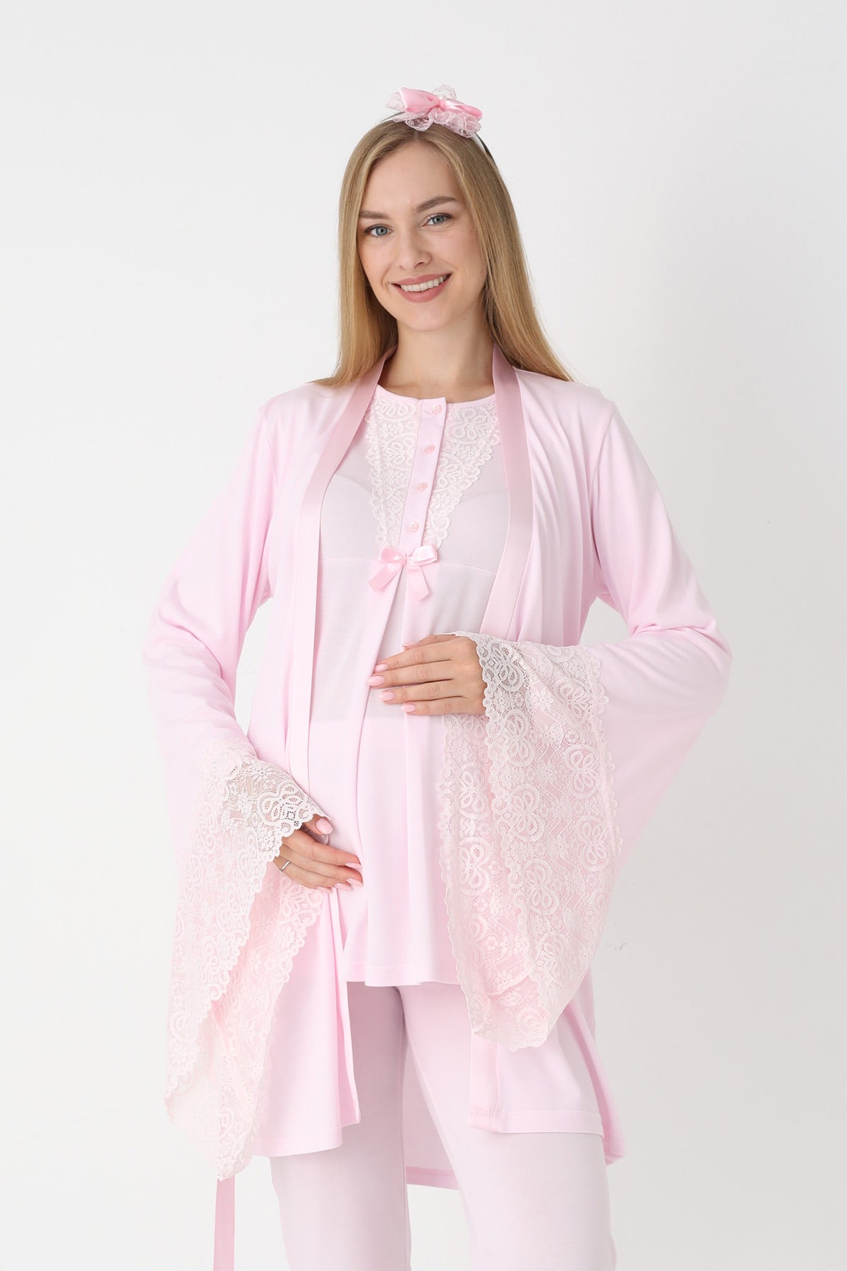 Lace Collar 3-Piece Maternity-Nursing Pajama & Flywheel Arm Robe Set Pink - 3448