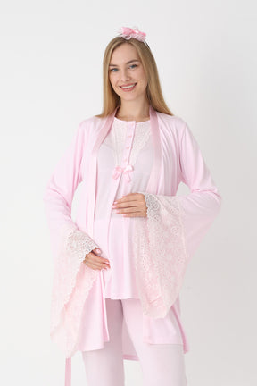 Lace Collar 3-Piece Maternity-Nursing Pajama & Flywheel Arm Robe Set Pink - 3448