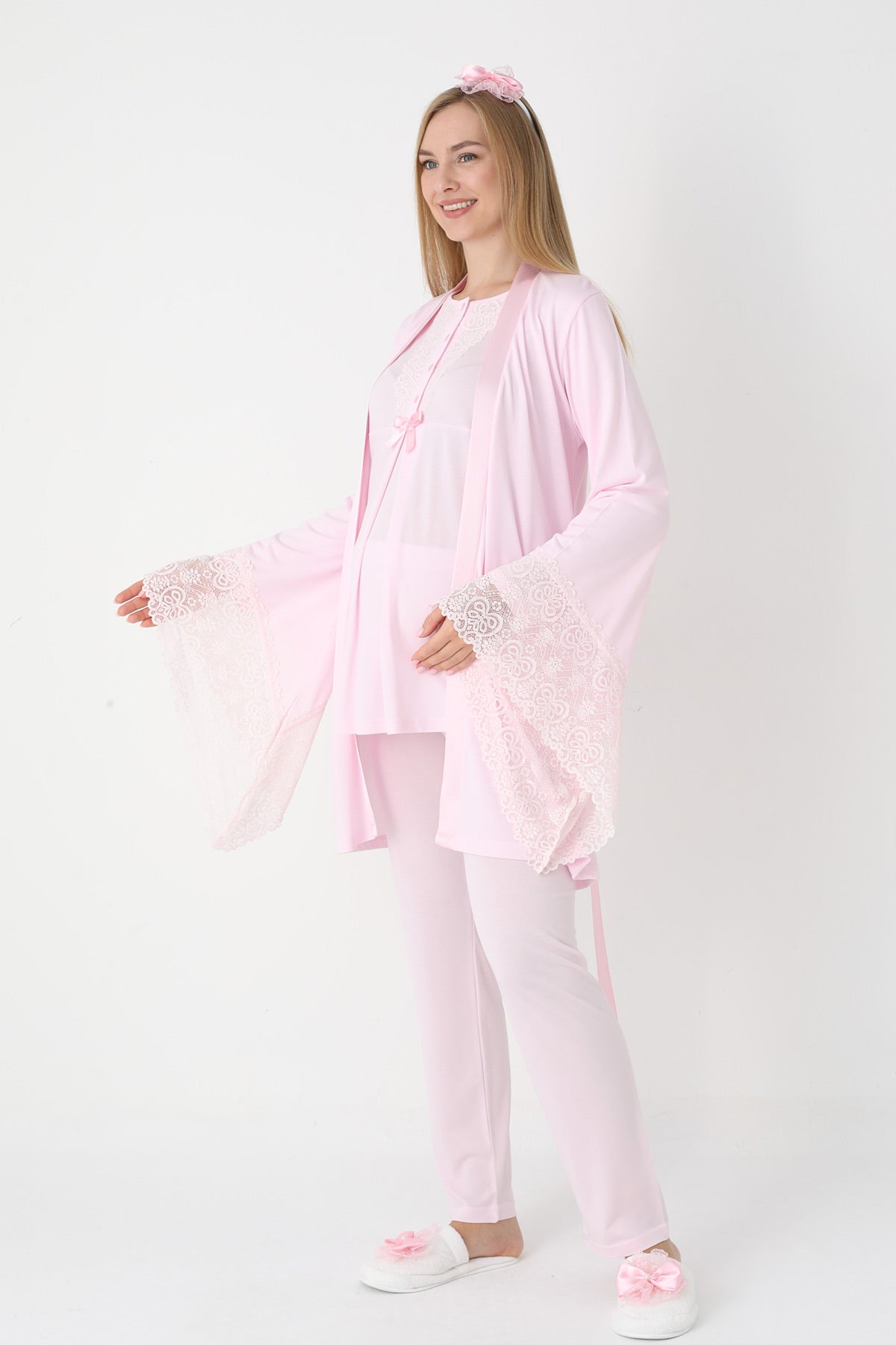 Lace Collar 3-Piece Maternity-Nursing Pajama & Flywheel Arm Robe Set Pink - 3448