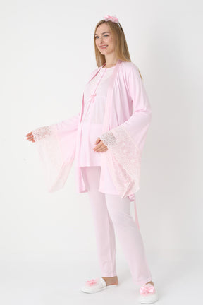 Lace Collar 3-Piece Maternity-Nursing Pajama & Flywheel Arm Robe Set Pink - 3448