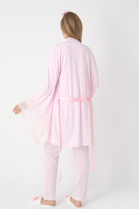 Lace Collar 3-Piece Maternity-Nursing Pajama & Flywheel Arm Robe Set Pink - 3448