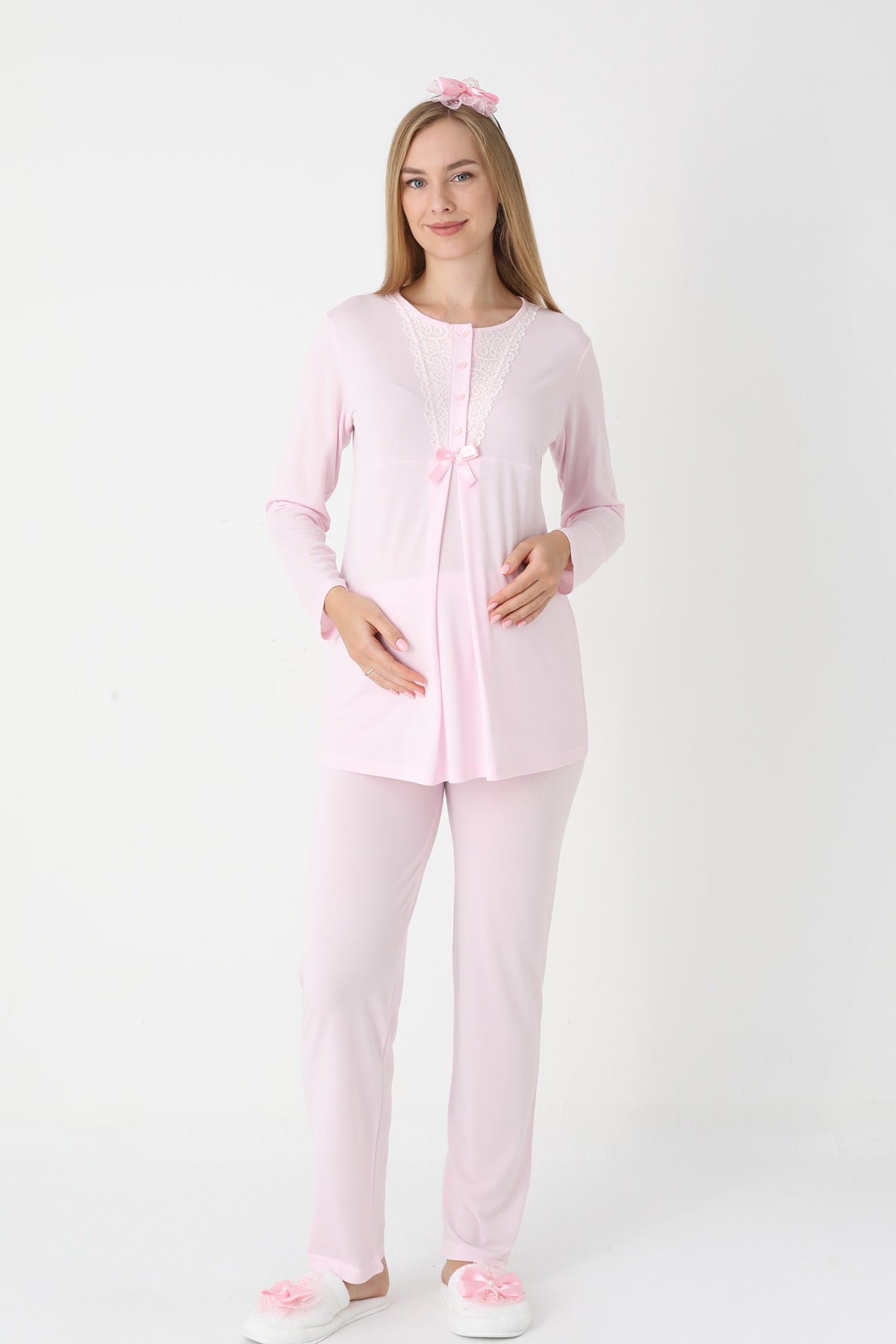 Lace Collar 3-Piece Maternity-Nursing Pajama & Flywheel Arm Robe Set Pink - 3448