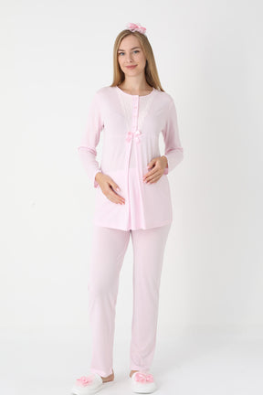 Lace Collar 3-Piece Maternity-Nursing Pajama & Flywheel Arm Robe Set Pink - 3448