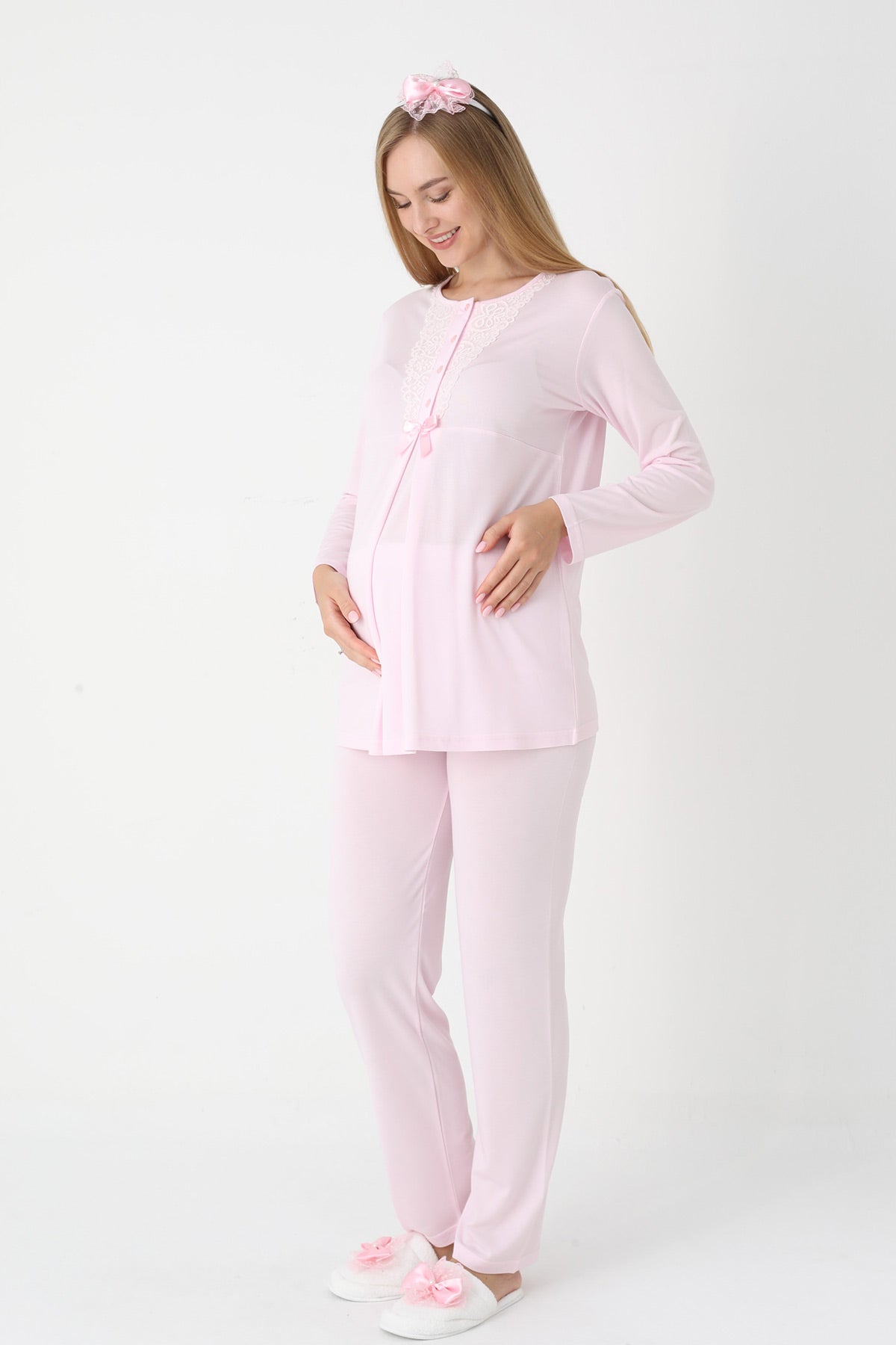 Lace Collar 3-Piece Maternity-Nursing Pajama & Flywheel Arm Robe Set Pink - 3448