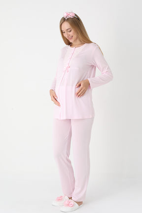 Lace Collar 3-Piece Maternity-Nursing Pajama & Flywheel Arm Robe Set Pink - 3448