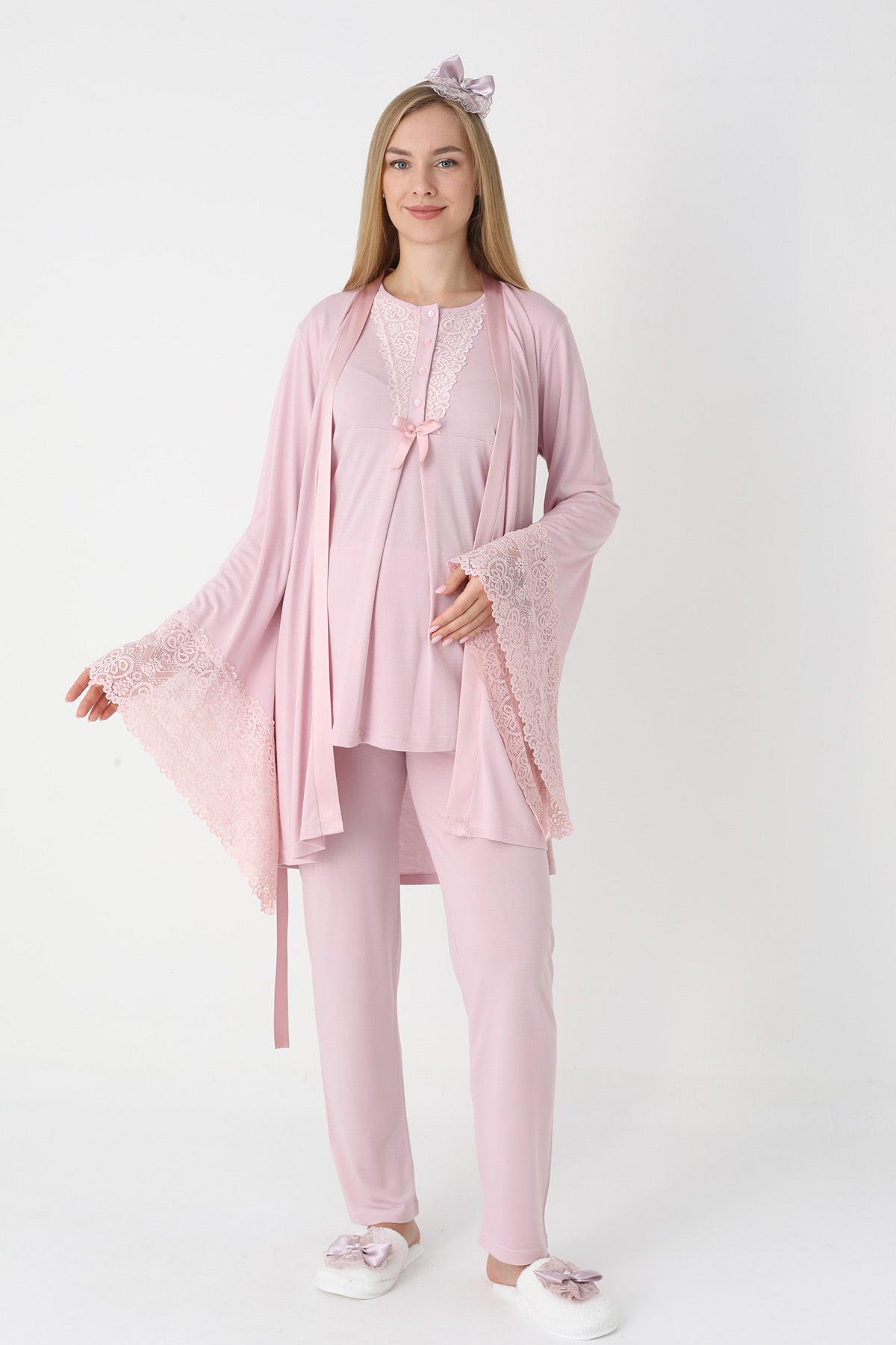 Lace Collar 3-Piece Maternity-Nursing Pajama & Flywheel Arm Robe Set Powder - 3448