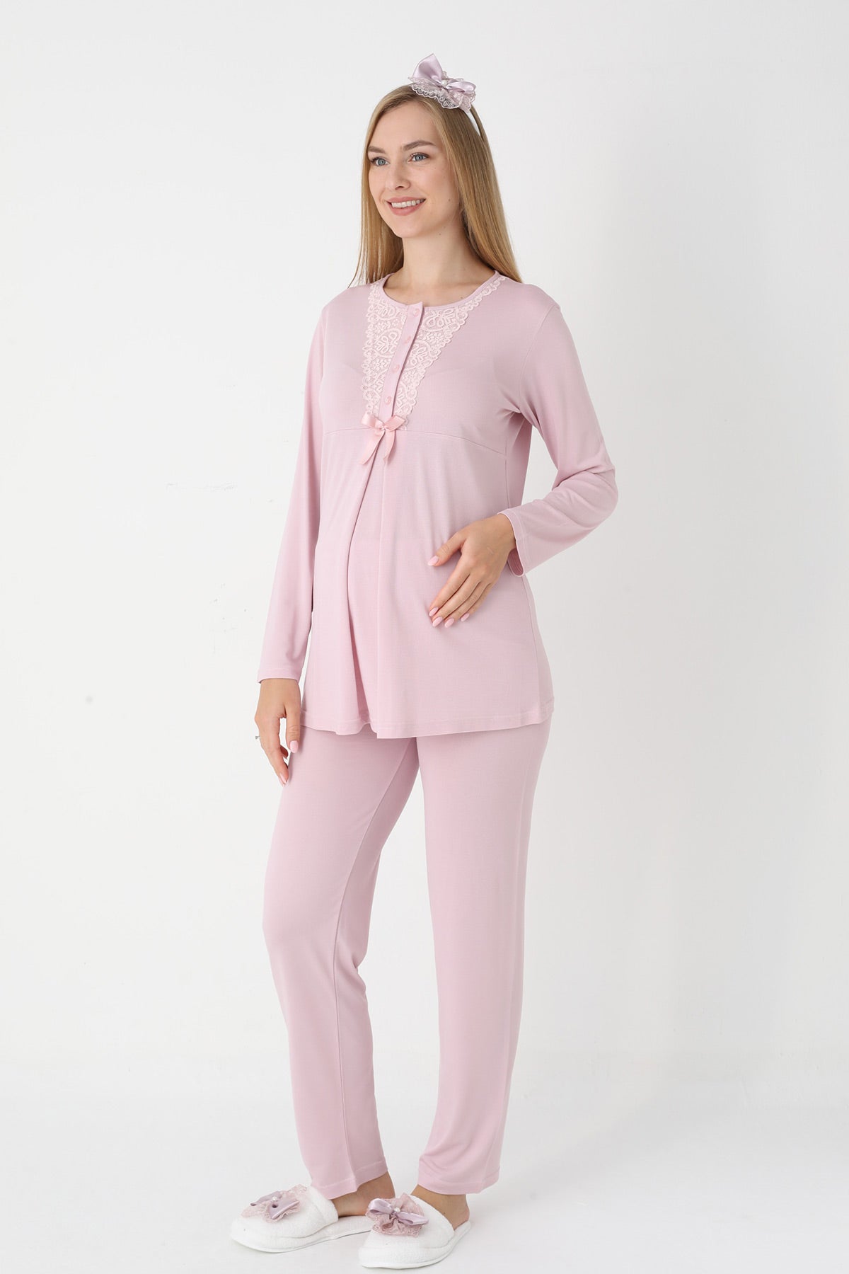 Lace Collar 3-Piece Maternity-Nursing Pajama & Flywheel Arm Robe Set Powder - 3448