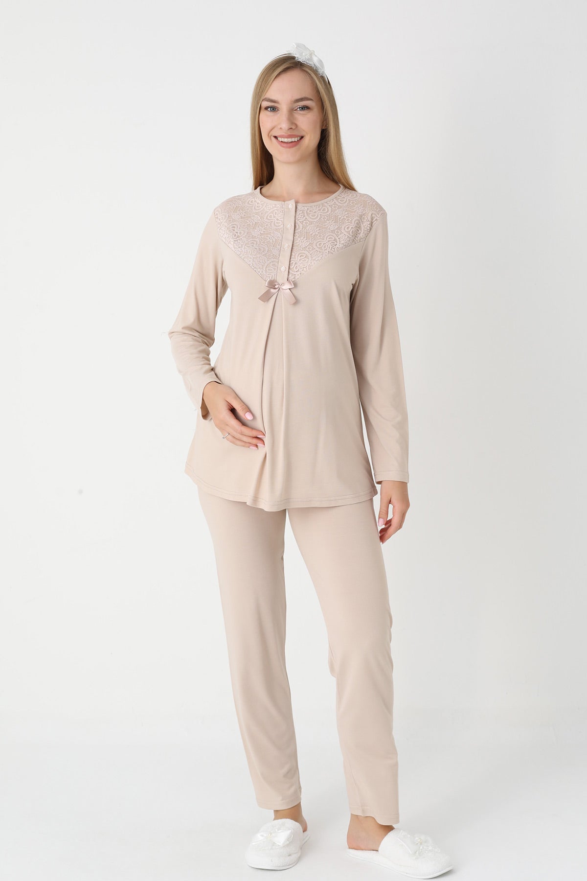 Guipure Collar 3-Piece Maternity-Nursing Pajama & Lace Sleeve Robe Set Mink - 3449