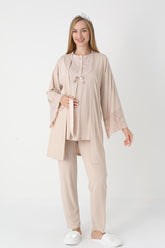 Guipure Collar 3-Piece Maternity-Nursing Pajama & Lace Sleeve Robe Set Mink - 3449