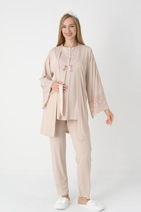 Guipure Collar 3-Piece Maternity-Nursing Pajama & Lace Sleeve Robe Set Mink - 3449