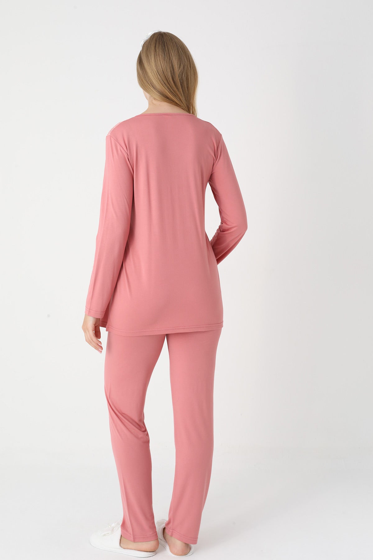 Guipure Collar 3-Piece Maternity-Nursing Pajama & Lace Sleeve Robe Set Pomegranate Red - 3449