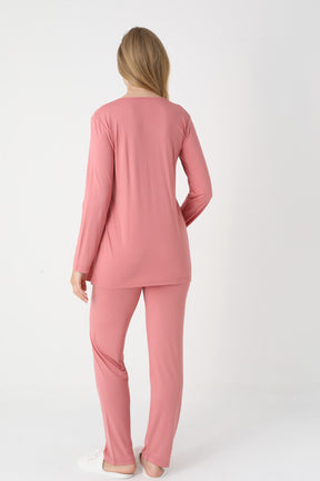 Guipure Collar 3-Piece Maternity-Nursing Pajama & Lace Sleeve Robe Set Pomegranate Red - 3449