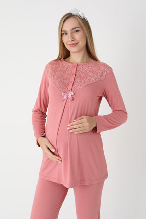 Guipure Collar 3-Piece Maternity-Nursing Pajama & Lace Sleeve Robe Set Pomegranate Red - 3449