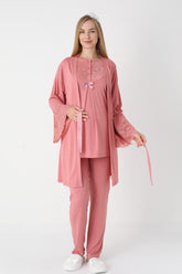 Guipure Collar 3-Piece Maternity-Nursing Pajama & Lace Sleeve Robe Set Pomegranate Red - 3449