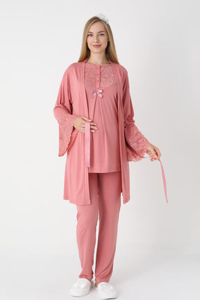 Guipure Collar 3-Piece Maternity-Nursing Pajama & Lace Sleeve Robe Set Pomegranate Red - 3449