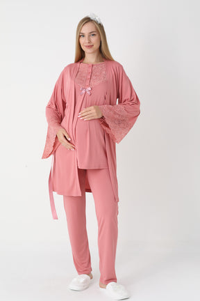 Guipure Collar 3-Piece Maternity-Nursing Pajama & Lace Sleeve Robe Set Pomegranate Red - 3449