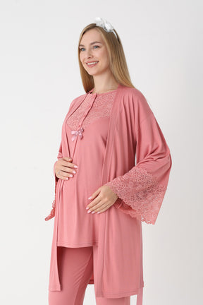 Guipure Collar 3-Piece Maternity-Nursing Pajama & Lace Sleeve Robe Set Pomegranate Red - 3449