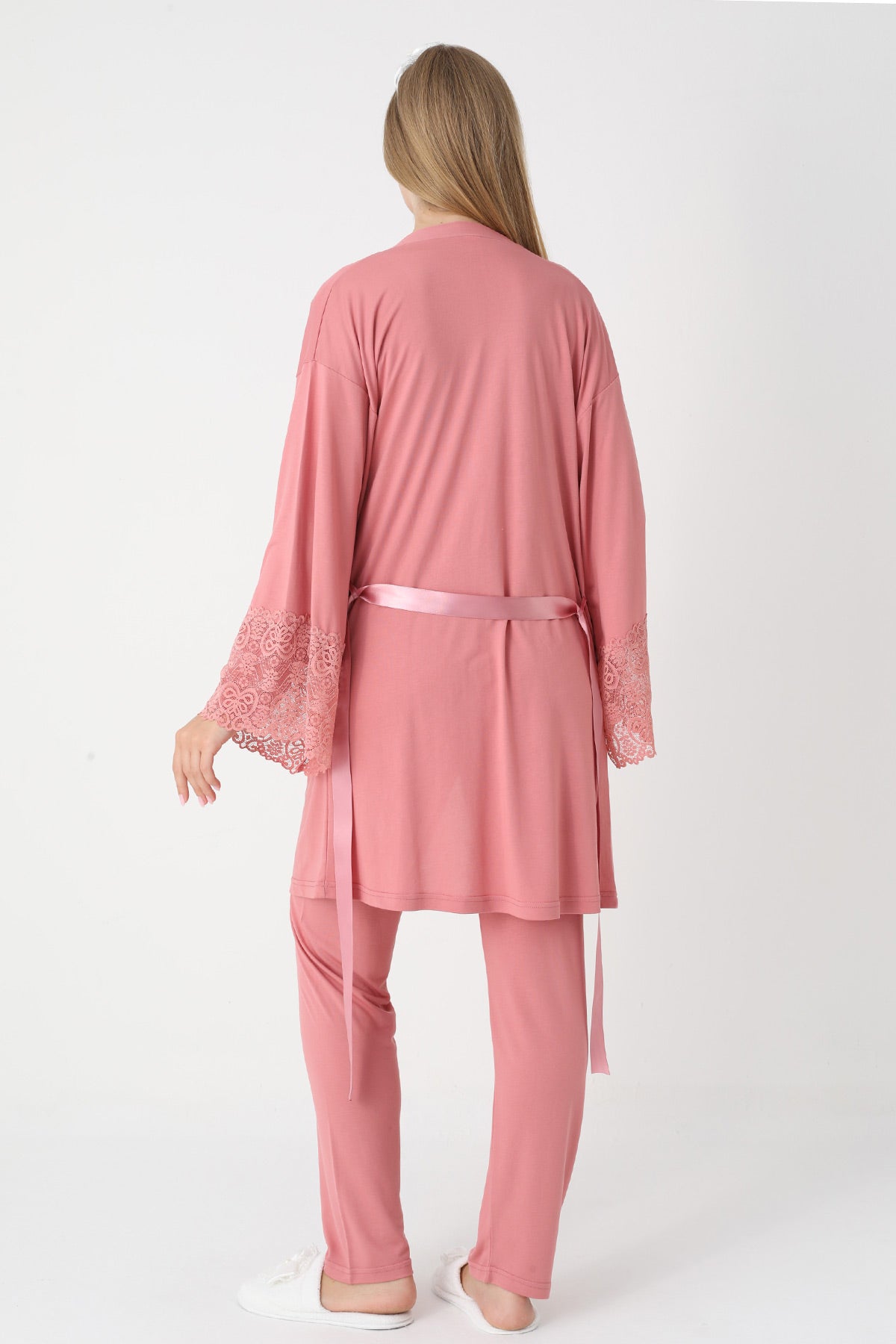 Guipure Collar 3-Piece Maternity-Nursing Pajama & Lace Sleeve Robe Set Pomegranate Red - 3449