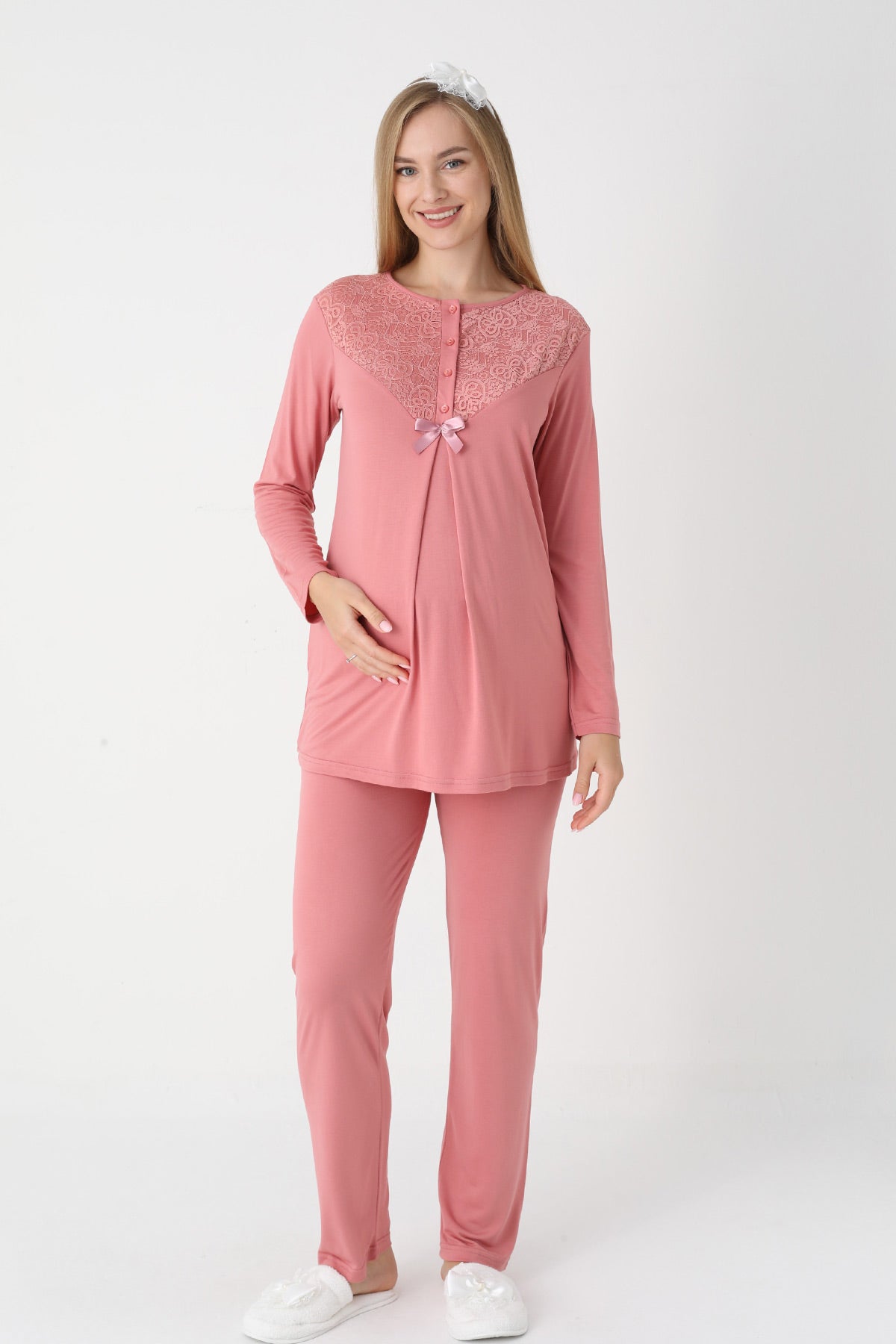 Guipure Collar 3-Piece Maternity-Nursing Pajama & Lace Sleeve Robe Set Pomegranate Red - 3449