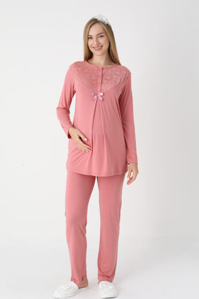 Guipure Collar 3-Piece Maternity-Nursing Pajama & Lace Sleeve Robe Set Pomegranate Red - 3449