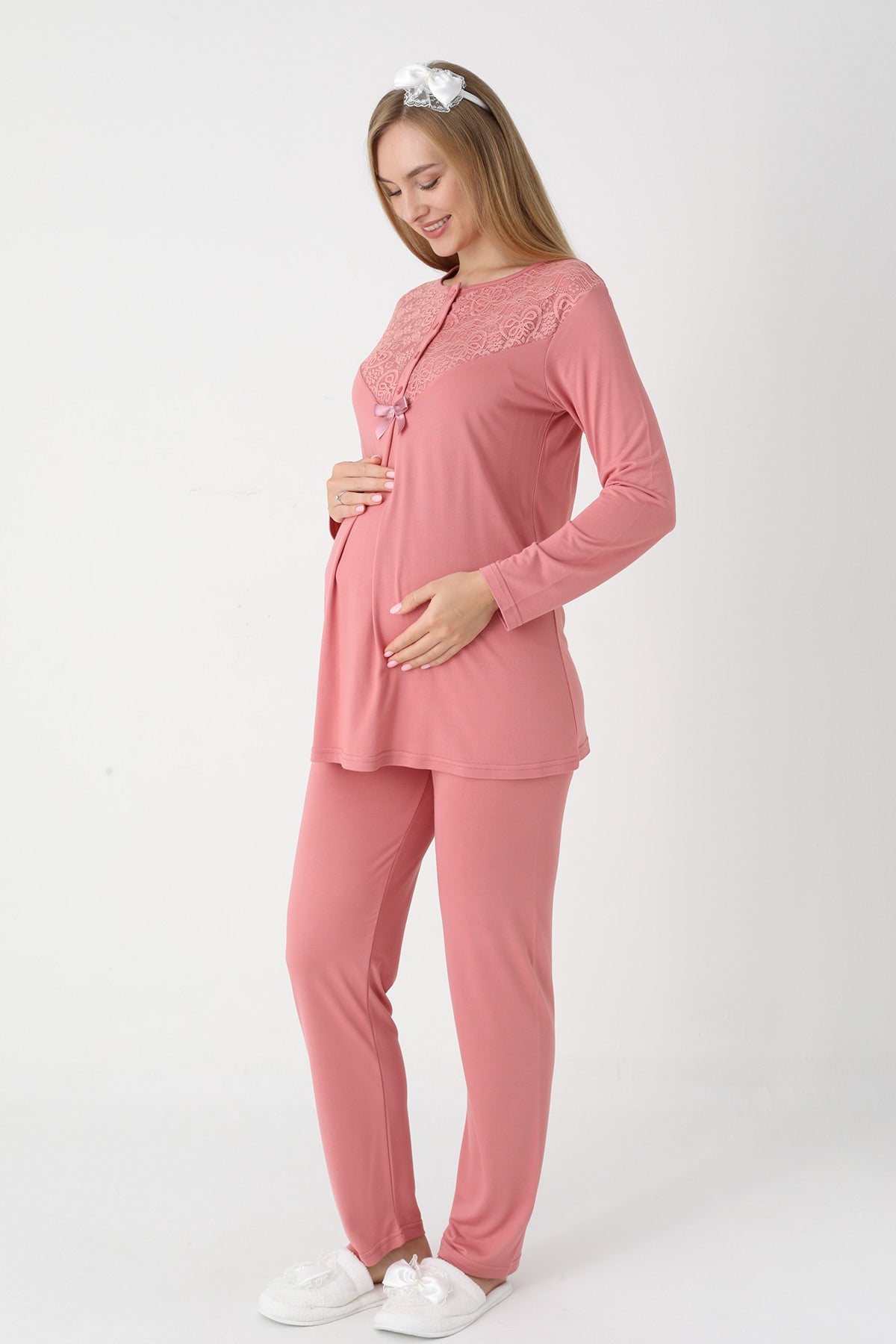 Guipure Collar 3-Piece Maternity-Nursing Pajama & Lace Sleeve Robe Set Pomegranate Red - 3449