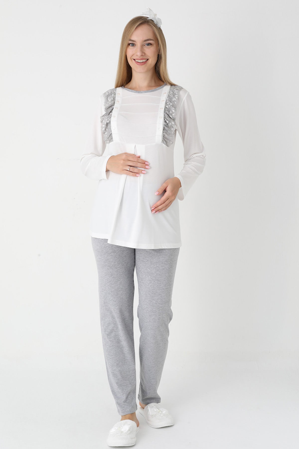 Lacy Edge 3-Piece Maternity-Nursing Pajama & Polka Dot Robe Set Grey - 3451