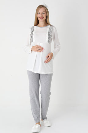 Lacy Edge 3-Piece Maternity-Nursing Pajama & Polka Dot Robe Set Grey - 3451