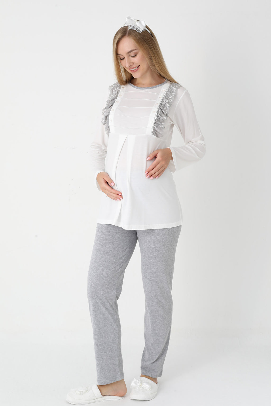 Lacy Edge 3-Piece Maternity-Nursing Pajama & Polka Dot Robe Set Grey - 3451