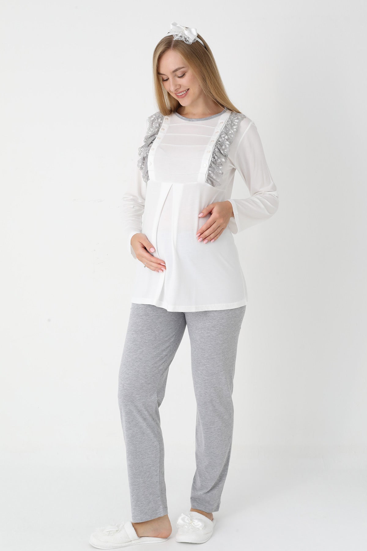 Lacy Edge 3-Piece Maternity-Nursing Pajama & Polka Dot Robe Set Grey - 3451