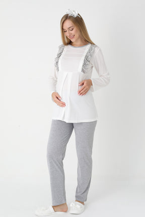 Lacy Edge 3-Piece Maternity-Nursing Pajama & Polka Dot Robe Set Grey - 3451