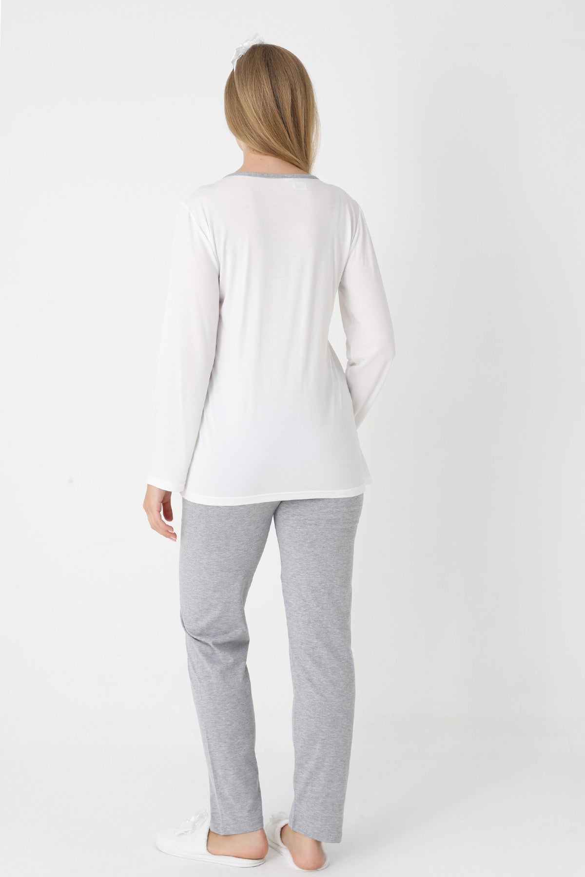 Lacy Edge 3-Piece Maternity-Nursing Pajama & Polka Dot Robe Set Grey - 3451