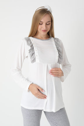 Lacy Edge 3-Piece Maternity-Nursing Pajama & Polka Dot Robe Set Grey - 3451