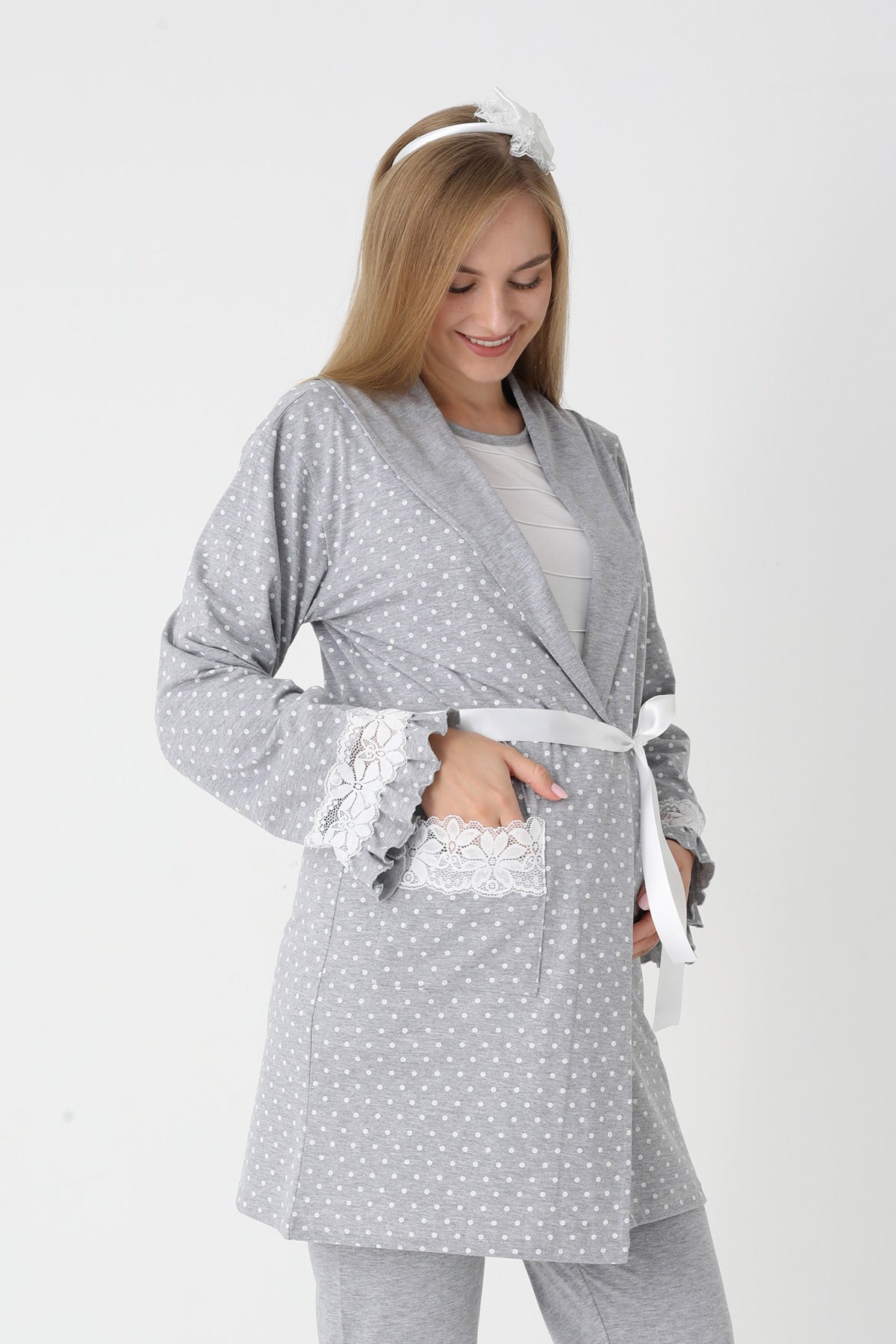 Lacy Edge 3-Piece Maternity-Nursing Pajama & Polka Dot Robe Set Grey - 3451