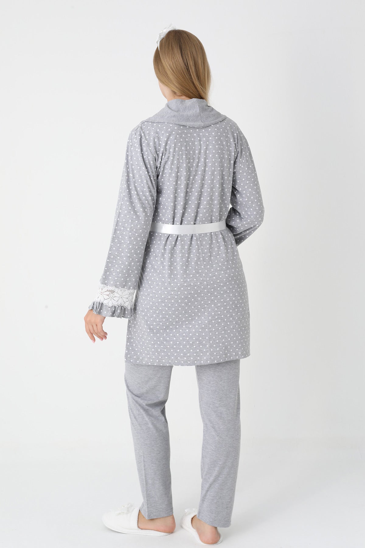 Lacy Edge 3-Piece Maternity-Nursing Pajama & Polka Dot Robe Set Grey - 3451