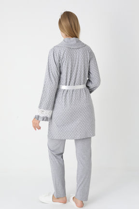 Lacy Edge 3-Piece Maternity-Nursing Pajama & Polka Dot Robe Set Grey - 3451