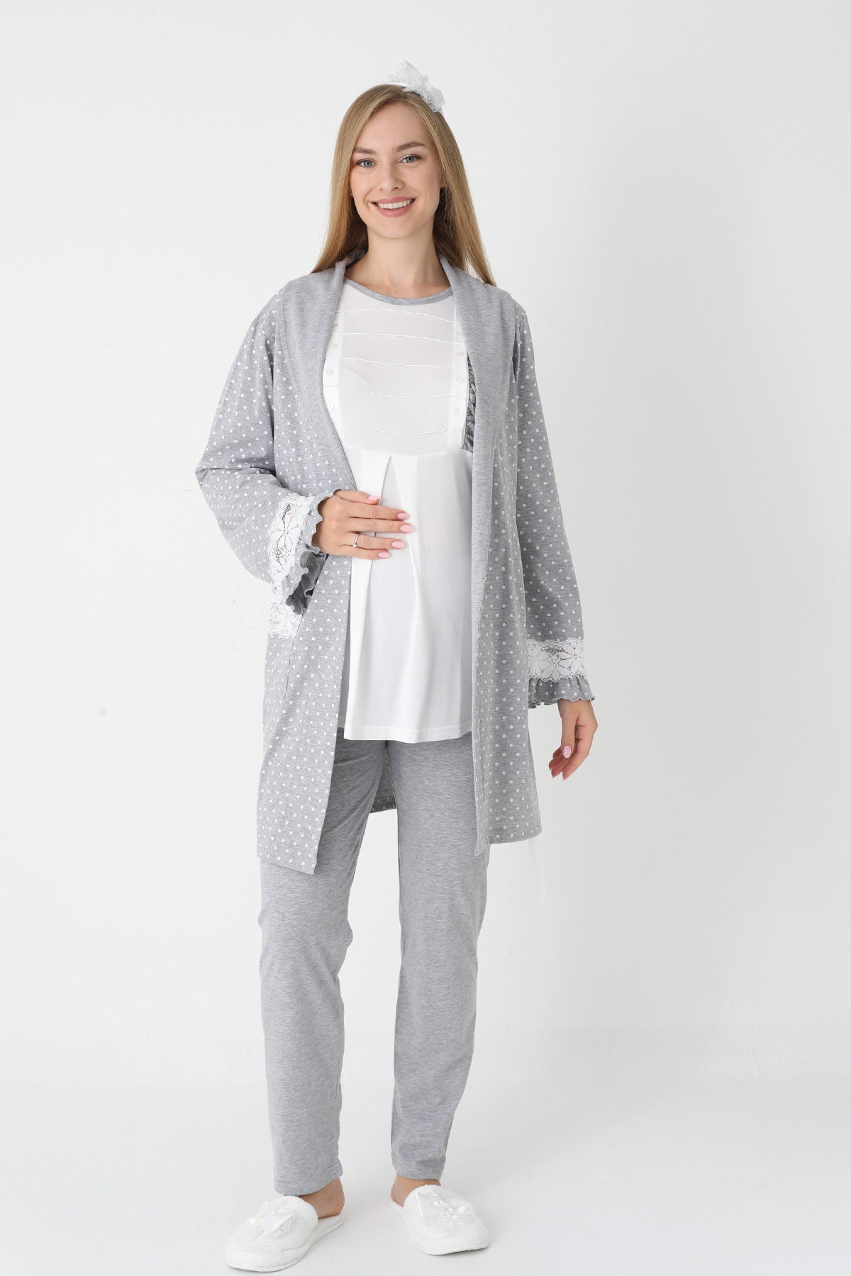 Lacy Edge 3-Piece Maternity-Nursing Pajama & Polka Dot Robe Set Grey - 3451