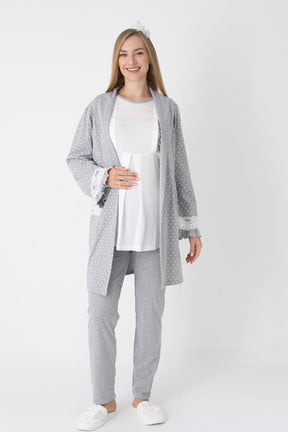 Lacy Edge 3-Piece Maternity-Nursing Pajama & Polka Dot Robe Set Grey - 3451