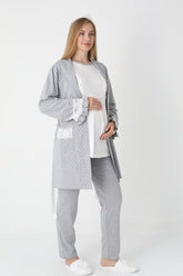 Lacy Edge 3-Piece Maternity-Nursing Pajama & Polka Dot Robe Set Grey - 3451