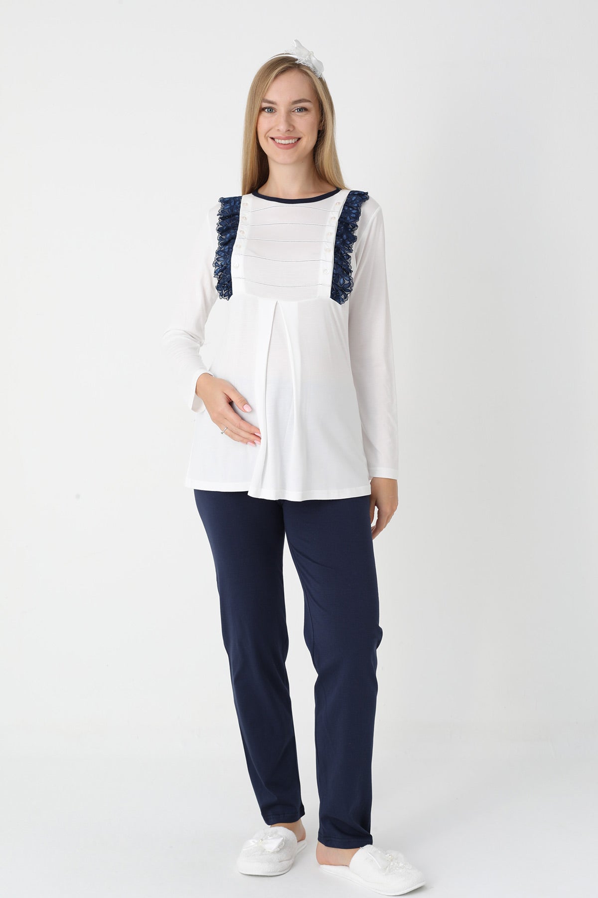 Lacy Edge 3-Piece Maternity-Nursing Pajama & Polka Dot Robe Set Navy Blue - 3451
