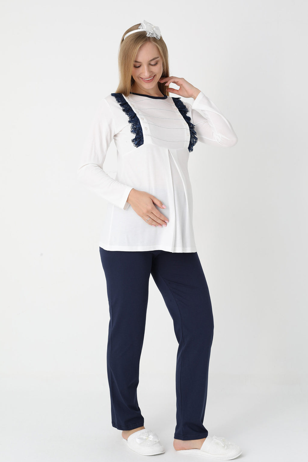 Lacy Edge 3-Piece Maternity-Nursing Pajama & Polka Dot Robe Set Navy Blue - 3451