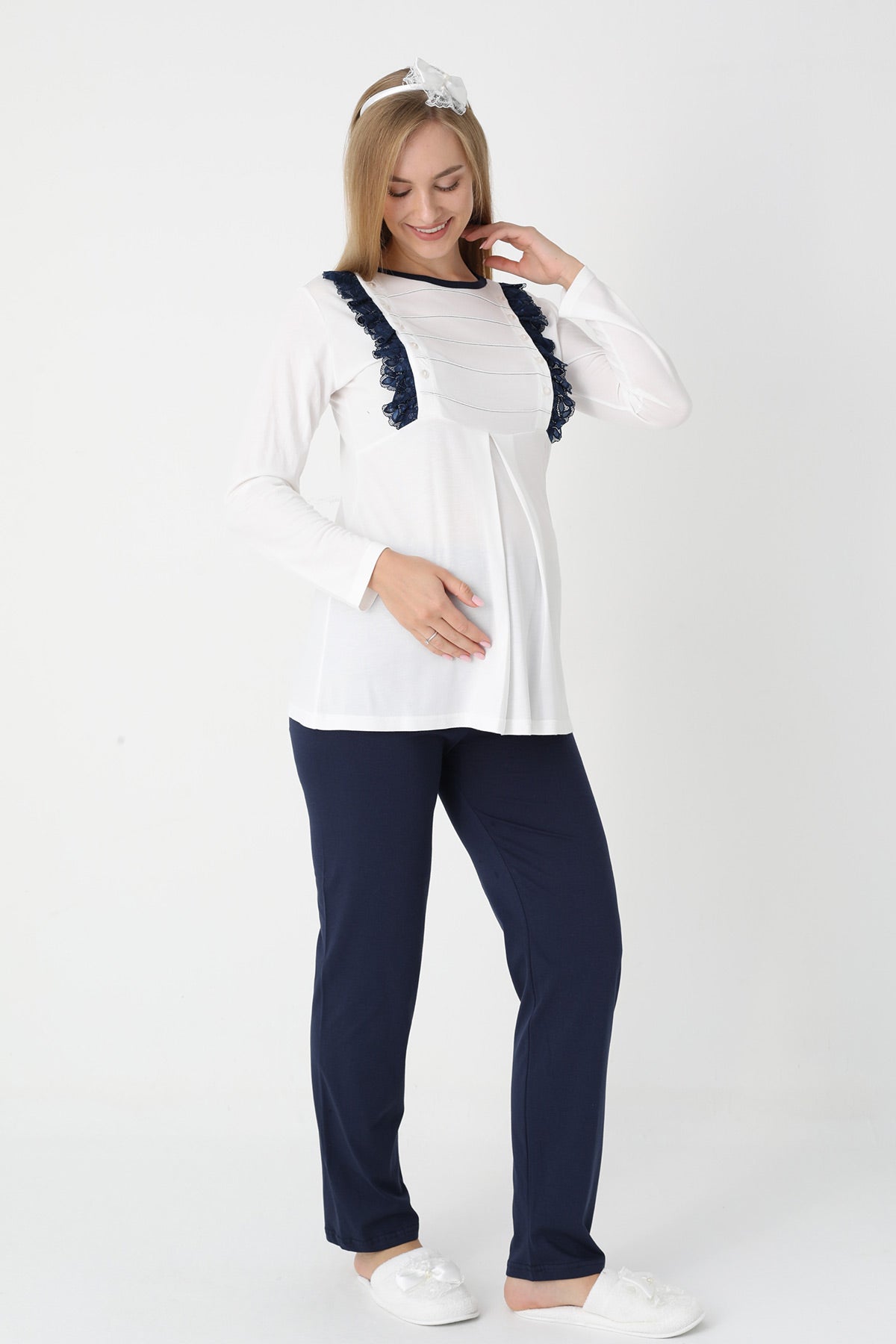 Lacy Edge 3-Piece Maternity-Nursing Pajama & Polka Dot Robe Set Navy Blue - 3451