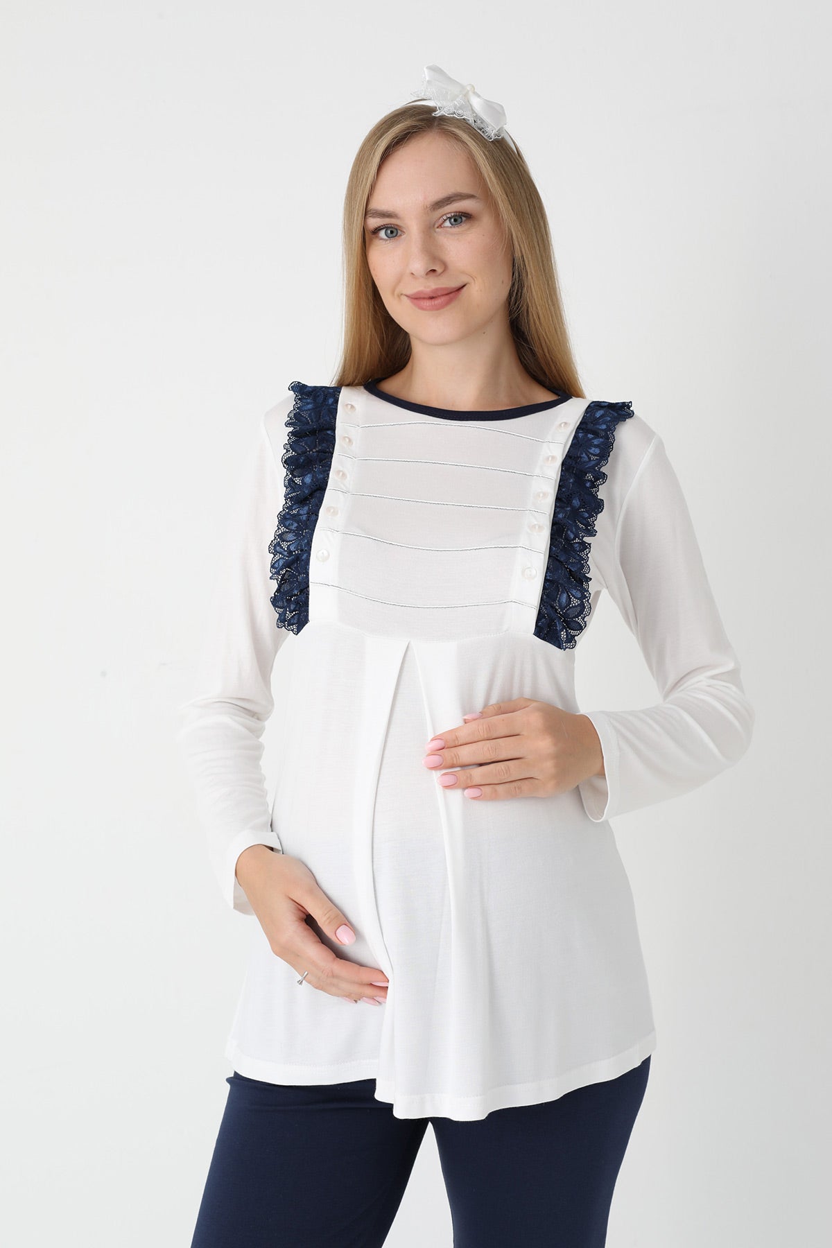 Lacy Edge 3-Piece Maternity-Nursing Pajama & Polka Dot Robe Set Navy Blue - 3451