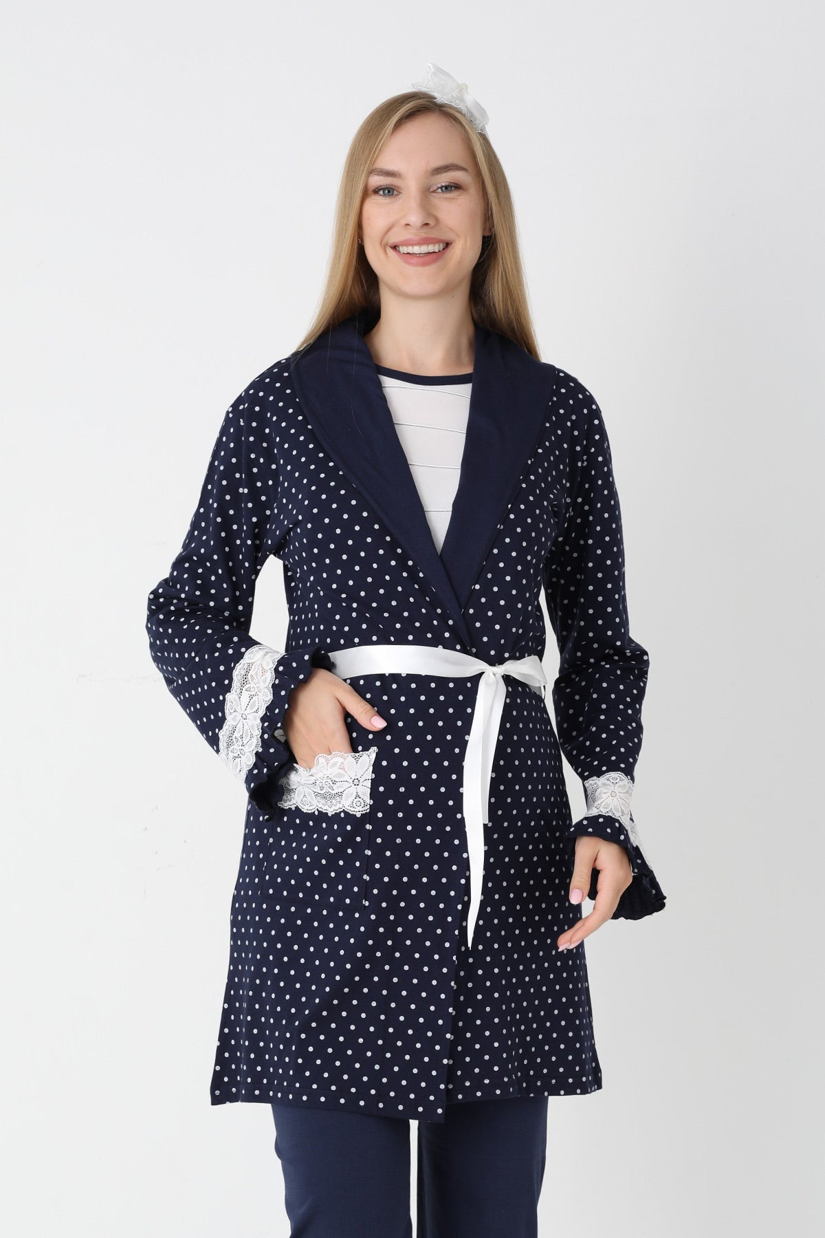 Lacy Edge 3-Piece Maternity-Nursing Pajama & Polka Dot Robe Set Navy Blue - 3451