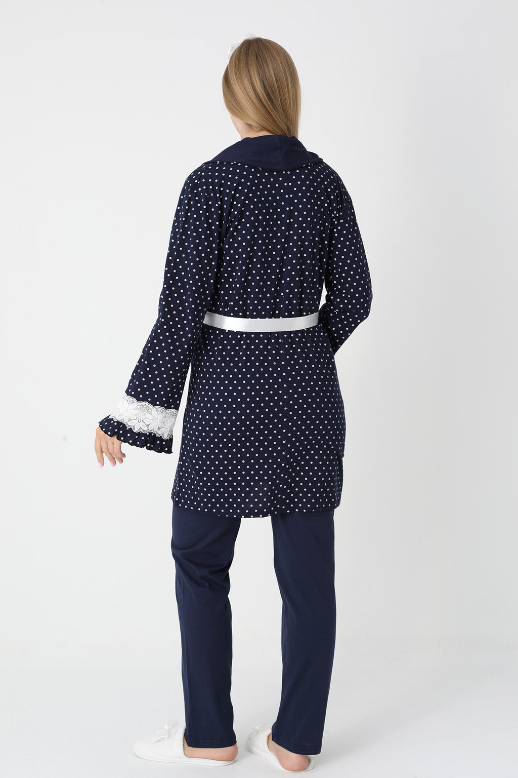 Lacy Edge 3-Piece Maternity-Nursing Pajama & Polka Dot Robe Set Navy Blue - 3451