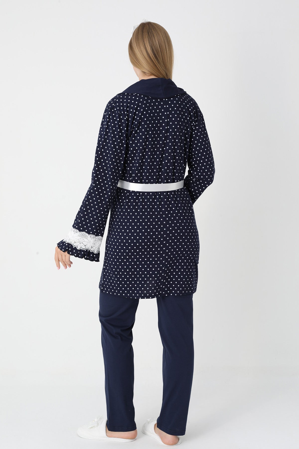Lacy Edge 3-Piece Maternity-Nursing Pajama & Polka Dot Robe Set Navy Blue - 3451